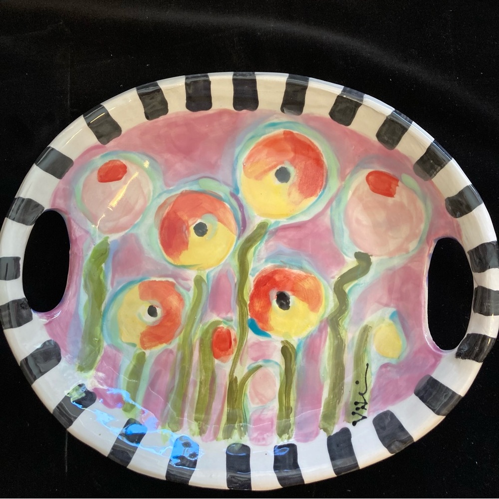 Handmade Ceramic Serving Tray w/ Handles Poppies Design 11”x9.5” Original